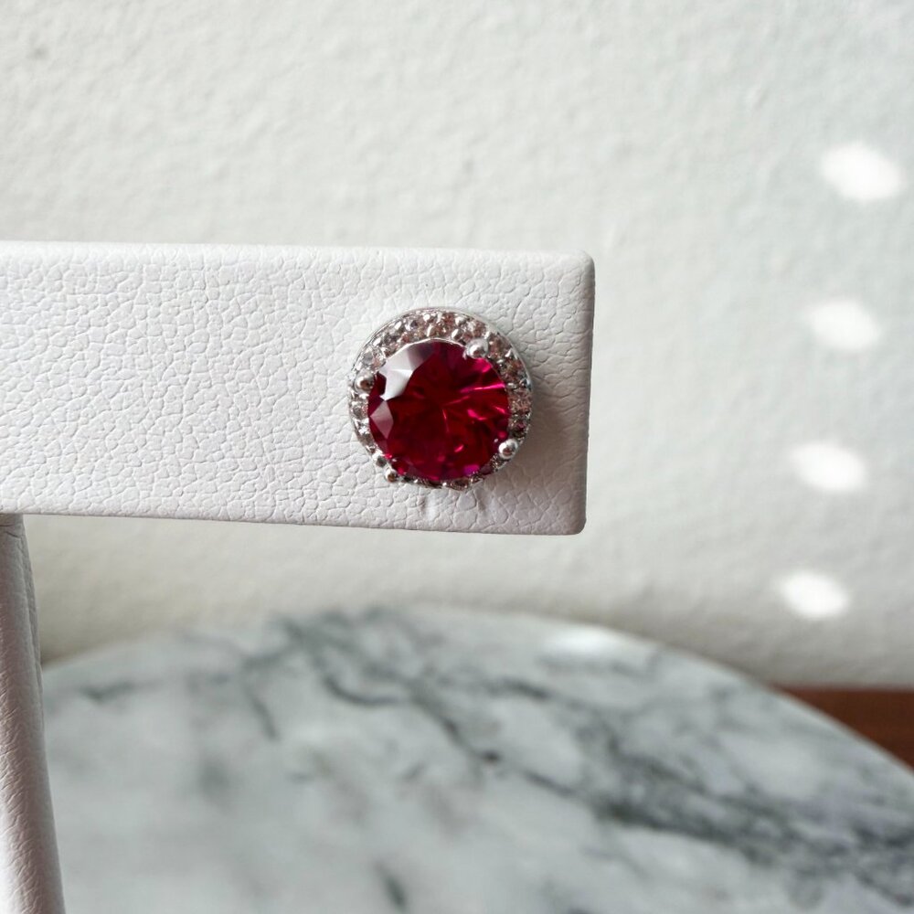 NEW 2.06ctw Lab Created Ruby & Lab Created Sapphire Sterling Halo Stud Earrings - Picture 11 of 14